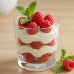 Einfaches Mascarpone Creme Dessert im Glas, geschichtet mit Himbeeren und Sahne, serviert auf weißem Untergrund