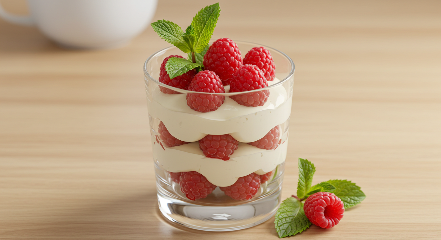 Einfaches Mascarpone Creme Dessert im Glas, geschichtet mit Himbeeren und Sahne, serviert auf weißem Untergrund