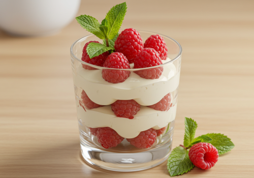 Einfaches Mascarpone Creme Dessert im Glas, geschichtet mit Himbeeren und Sahne, serviert auf weißem Untergrund